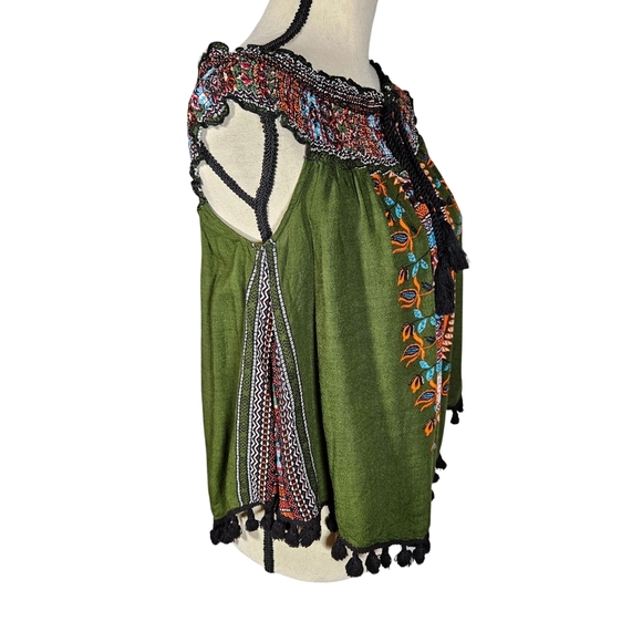 Midnight Sky Juniors Bohemian Style Off The Shoulder Blouse, Green/Multi, Large - Picture 3 of 11